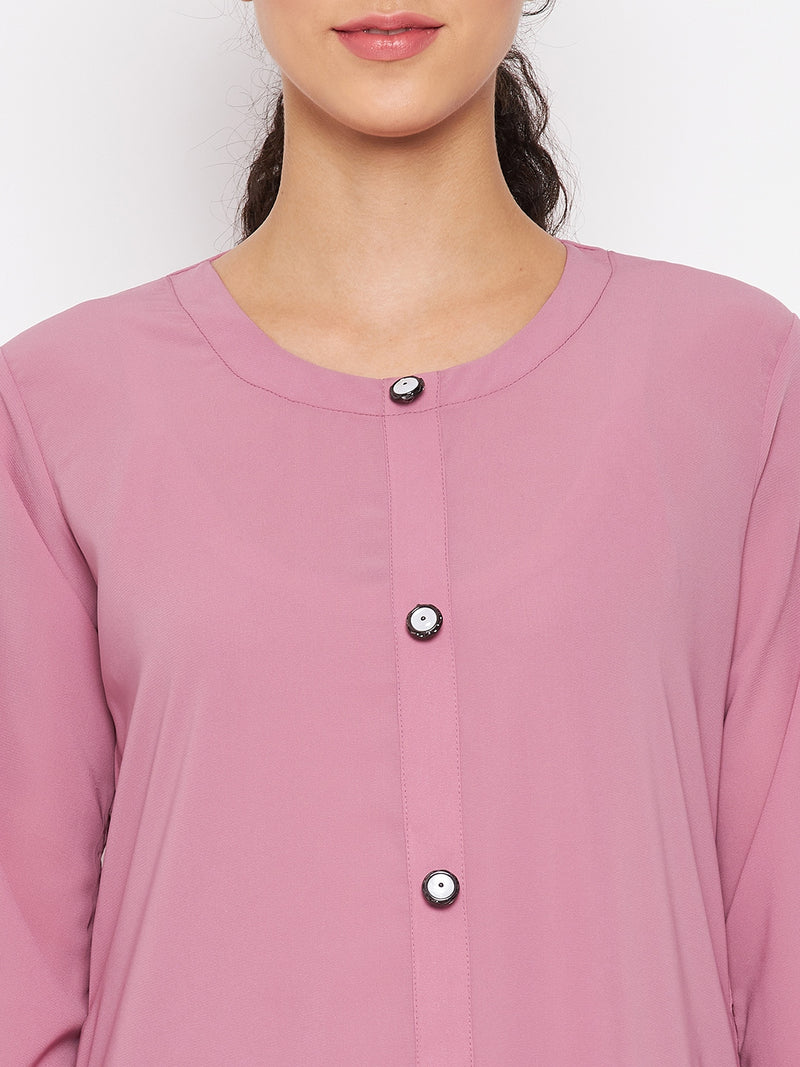 Nabia Women Fuse Pink Solid Frill Abaya With Georgette Scarf