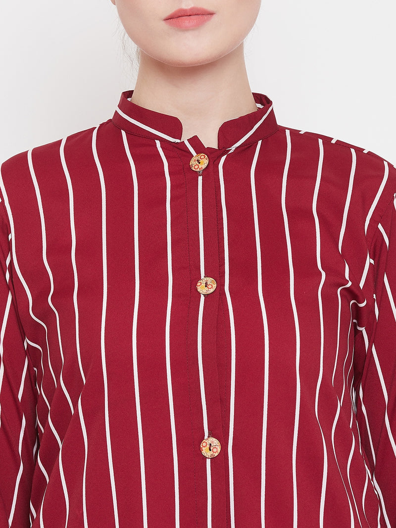 Nabia Women Maroon Front Open Striped Abaya With Georgette Scarf