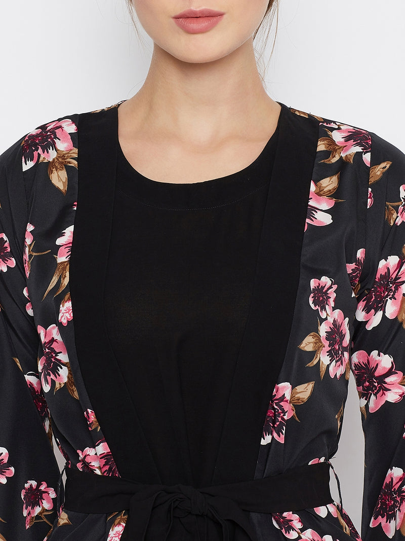 Nabia Women Black Floral Printed Shrug Attached Casual Abaya With Georgette Scarf