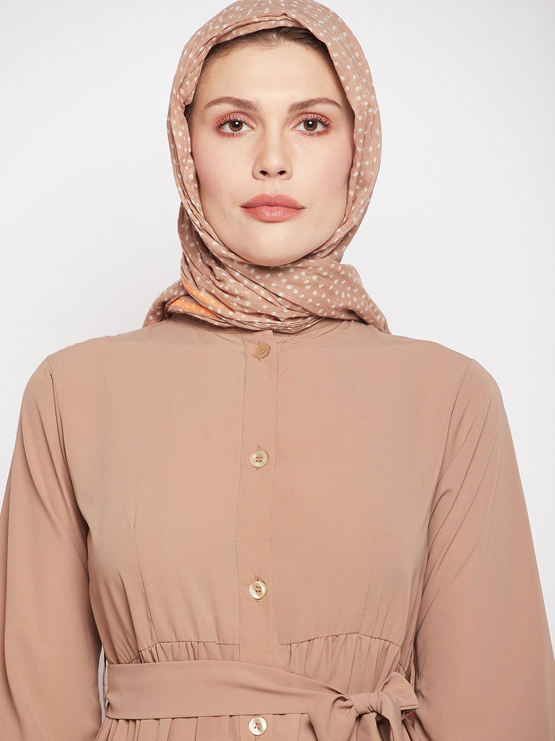 Nabia Women Beige Solid Frilled Nida Matte Fabric Abaya Burqa With Black Georgette Scarf