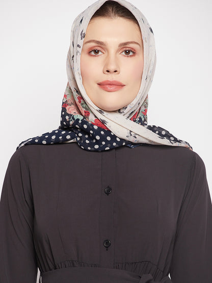Nabia Women Olive Black Solid Frilled Abaya with Black Georgette Scarf