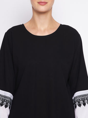 Nabia Black & White Nida Matte Fabric Abaya For Women With Georgette Scarf