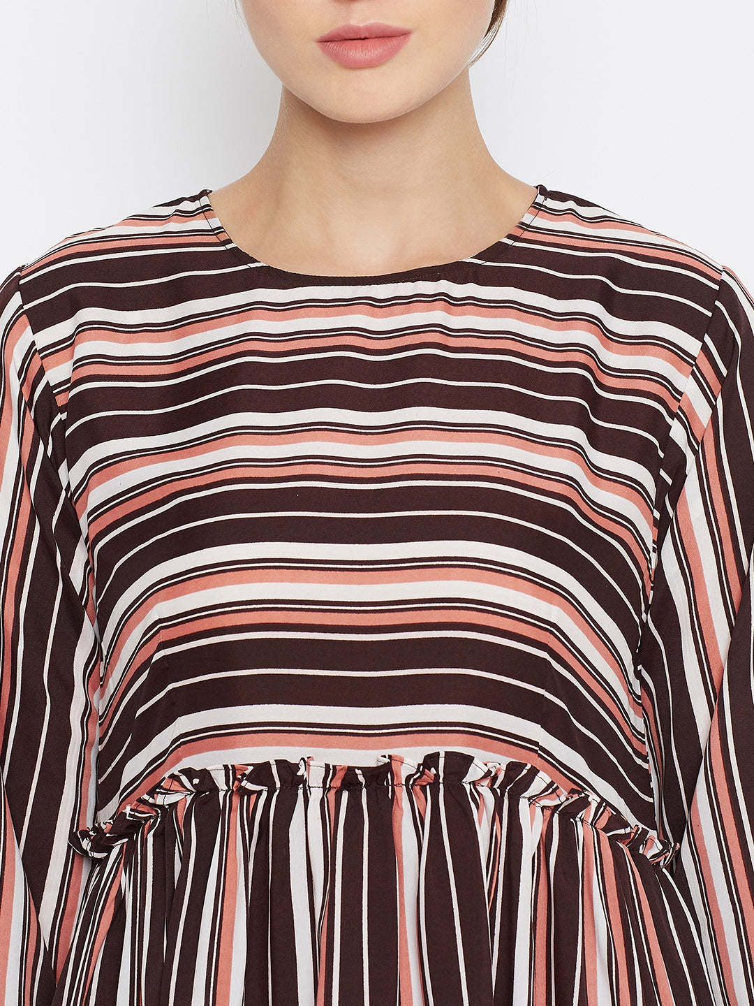 Nabia Brown Stripe Crepe Abaya Dress with Georgette Scarf