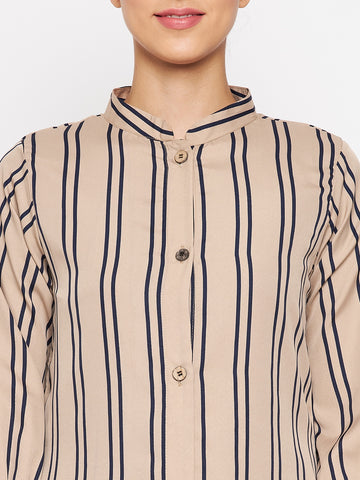Nabia Women Beige Front Open Striped Abaya With Georgette Scarf