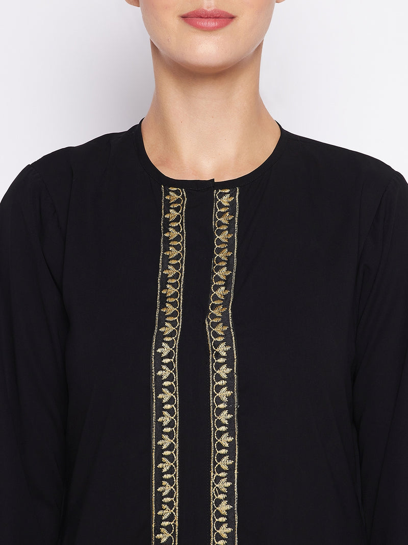 Nabia Black Solid Nida Matte Fabric Abaya For Women With Georgette Scarf