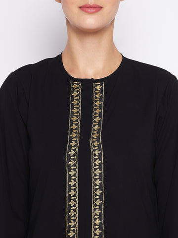 Nabia Black Solid Nida Matte Fabric Abaya For Women With Georgette Scarf