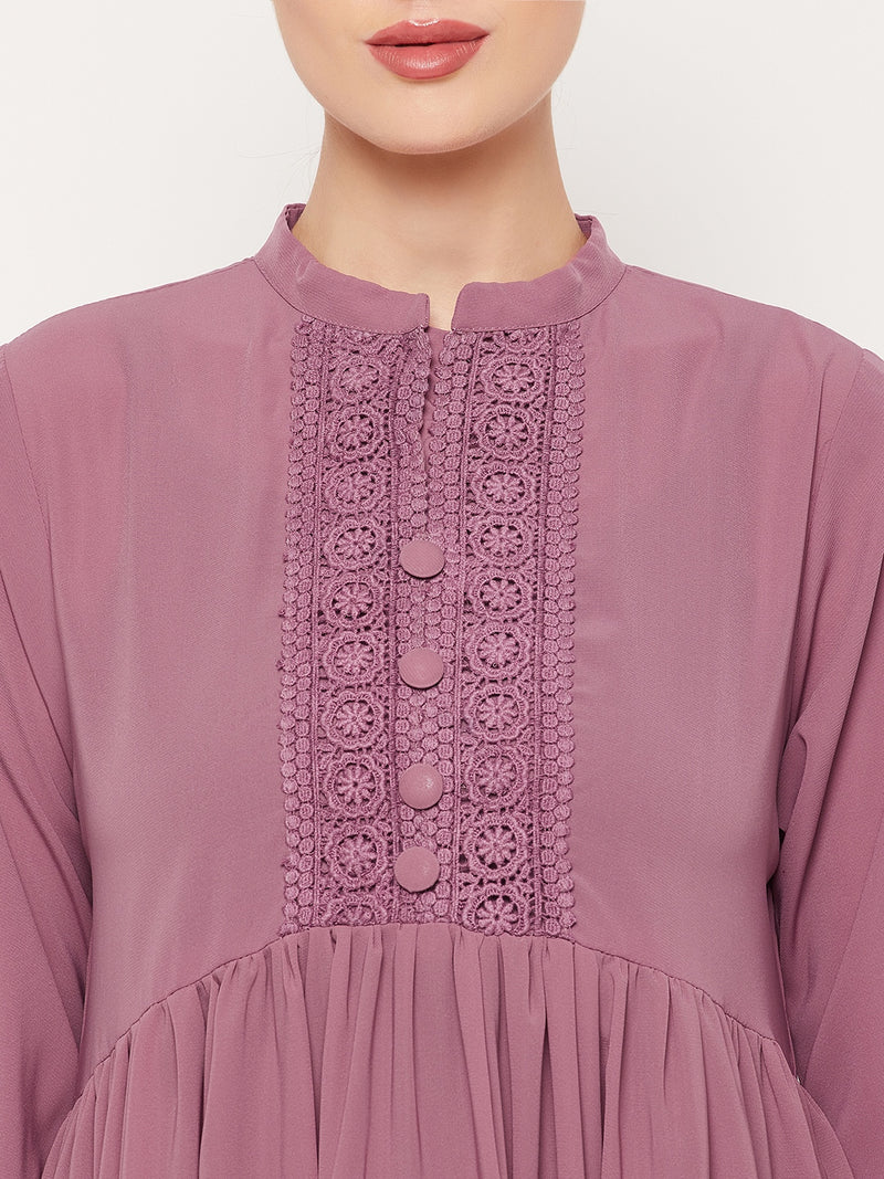 Nabia Puce Pink Lace work Nida Matte Women Abaya With Georgette Scarf