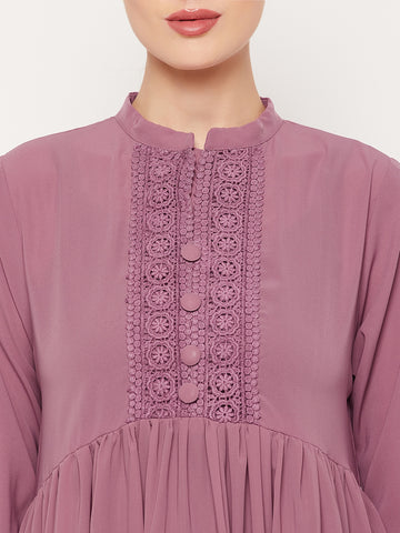 Nabia Puce Pink Lace work Nida Matte Women Abaya With Georgette Scarf