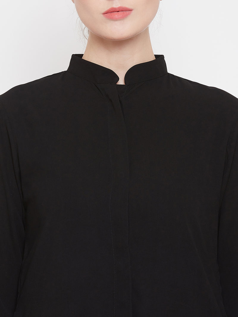Nabia Women Black Solid Front Open Abaya With Georgette Scarf