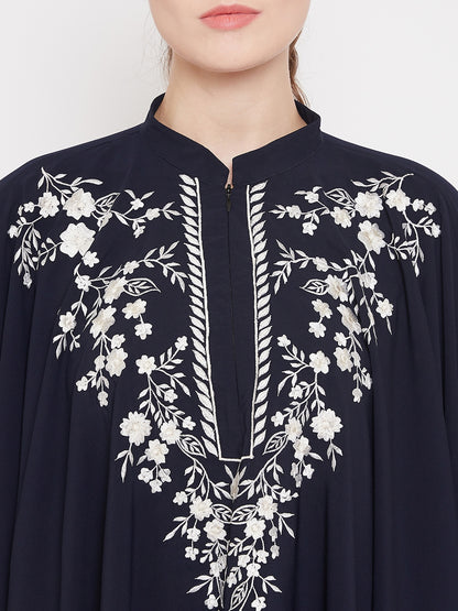 Nabia Women Blue Irani Kaftan Abaya Enhanced With Chikan Hand Embroidered With Georgette Scarf