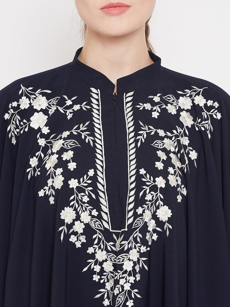 Nabia Women Blue Irani Kaftan Abaya Enhanced With Chikan Hand Embroidered With Georgette Scarf
