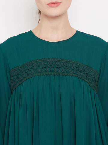 Nabia  Women Green Solid Lace Maxi Abaya Dress Abaya With Georgette Scarf