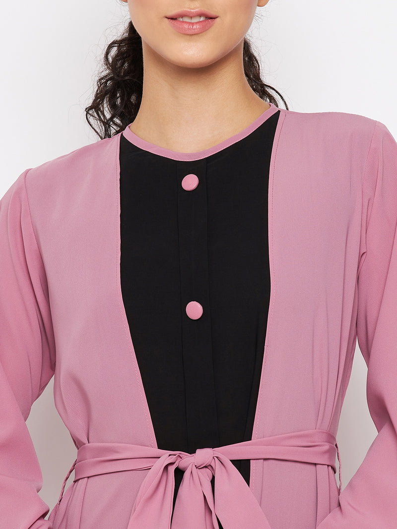 Nabia Women Fuse Pink & Black  Solid Two Color Combination Bell Sleeves Abaya With Georgette Scarf