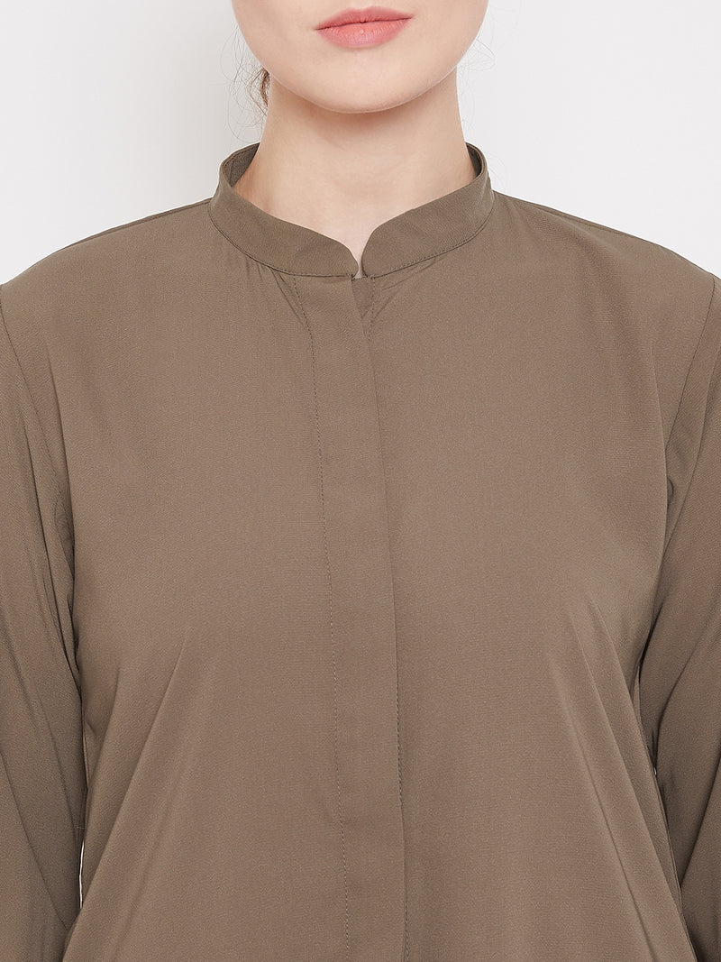 Nabia Women Oat Solid Front Open Abaya With Georgette Scarf