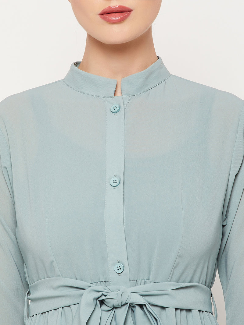 Nabia Sea Green Frilled Nida Matte Fabric Women Abaya With Georgette Scarf