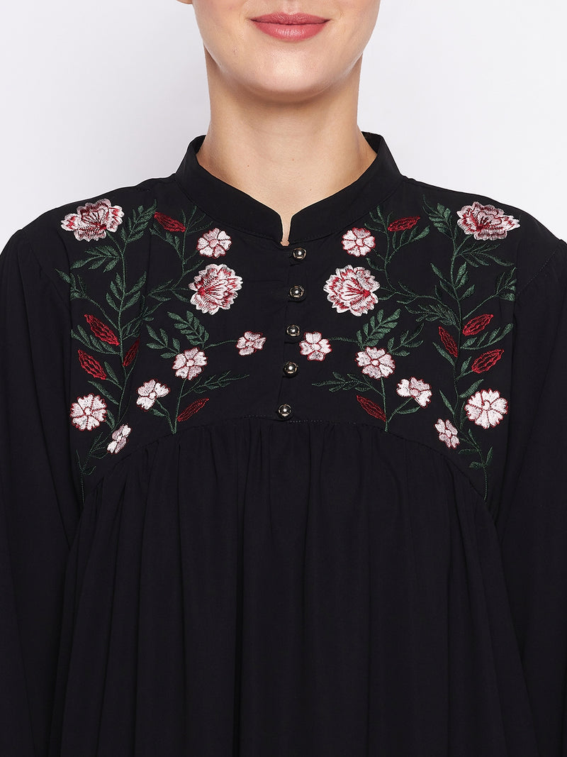 Nabia Black Nida Matte Fabric Embroidery Abaya For Women With Georgette Scarf
