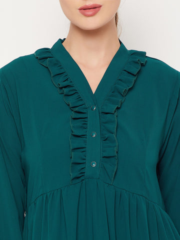 Nabia Bottle Green Ruffle Design Nida Matte Fabric Women Abaya With Georgette Scarf
