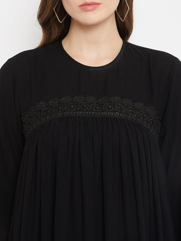 Nabia Women Black Solid Lace Maxi Abaya Dress With Georgette Scarf