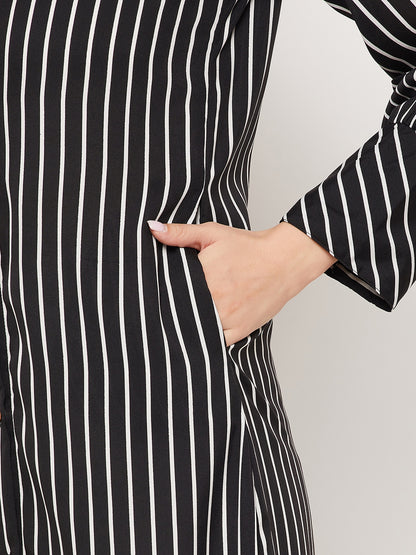 Nabia Black Striped Front Open Women Abaya with Georgette Scarf