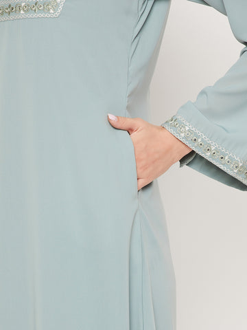 Nabia Sea Green Nida Matte Fabric Embroidery Work Women Abaya With Georgette Scarf