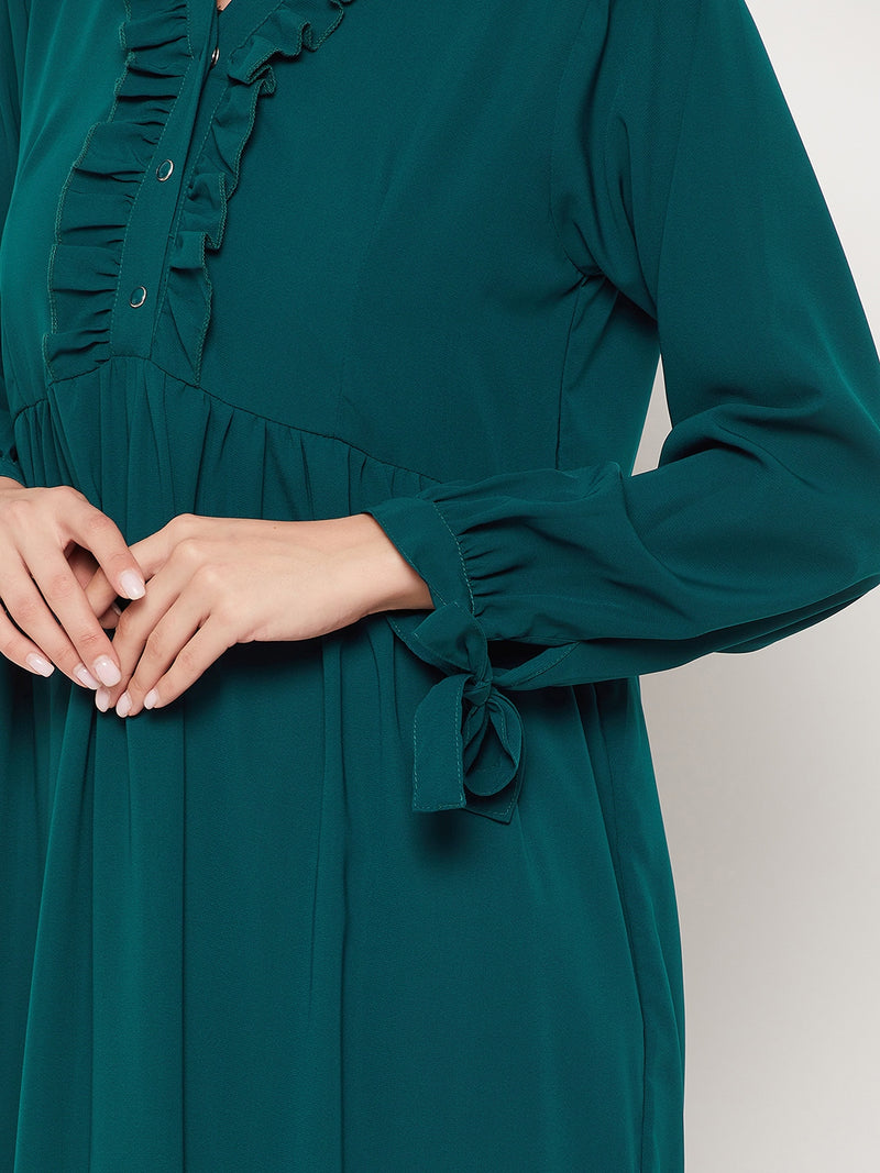 Nabia Bottle Green Ruffle Design Nida Matte Fabric Women Abaya With Georgette Scarf