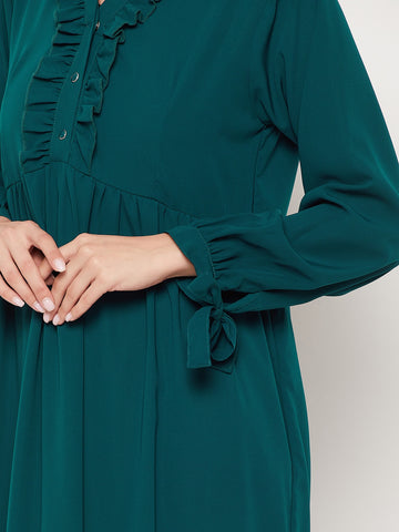 Nabia Bottle Green Ruffle Design Nida Matte Fabric Women Abaya With Georgette Scarf
