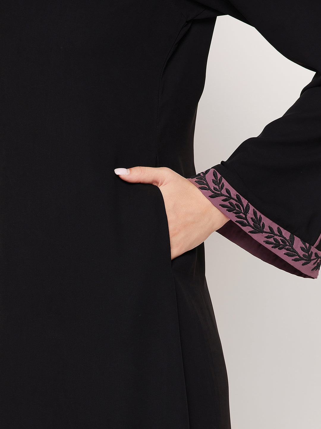Nabia Black Front Open Embroidery Work Women Abaya With Georgette Scarf
