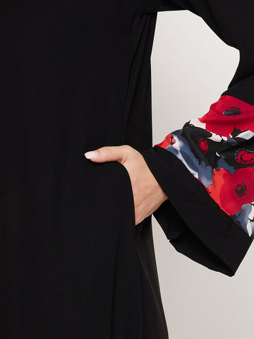 Nabia Black & Red Design Nida Matte Fabric Abaya With Georgette Scarf