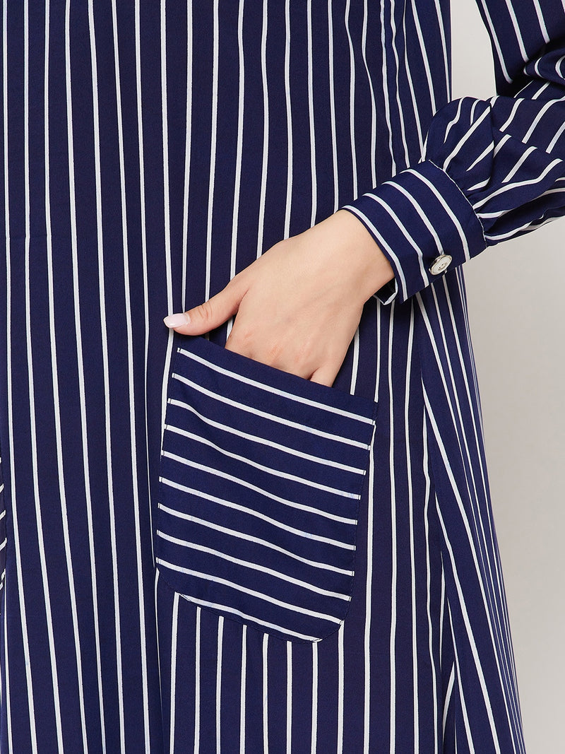 Nabia Blue Striped Crape Women Abaya With Georgette Scarf