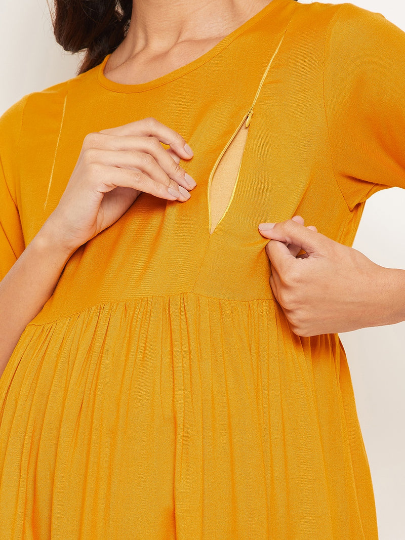 Yellow Solid Maternity Dress for Women