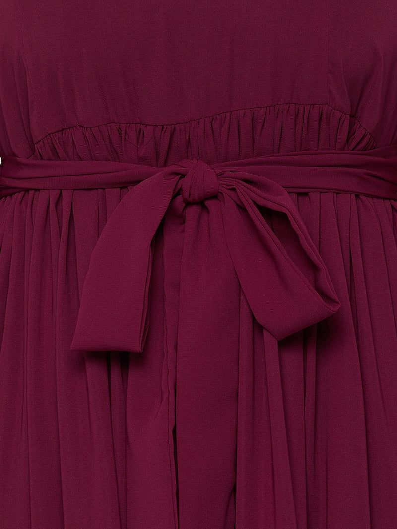 Nabia Maroon Frill Nida Matte Fabric Abaya Dress With Georgette Scarf