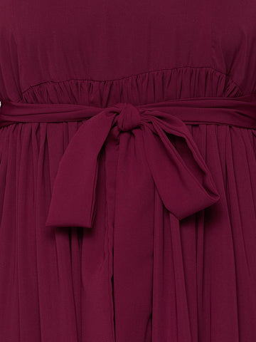 Nabia Maroon Frill Nida Matte Fabric Abaya Dress With Georgette Scarf