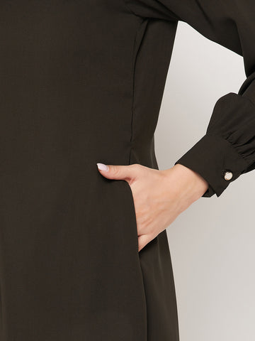 Nabia Olive Green Nida Mate Fabric Front Open  Abaya With Georgette Scarf