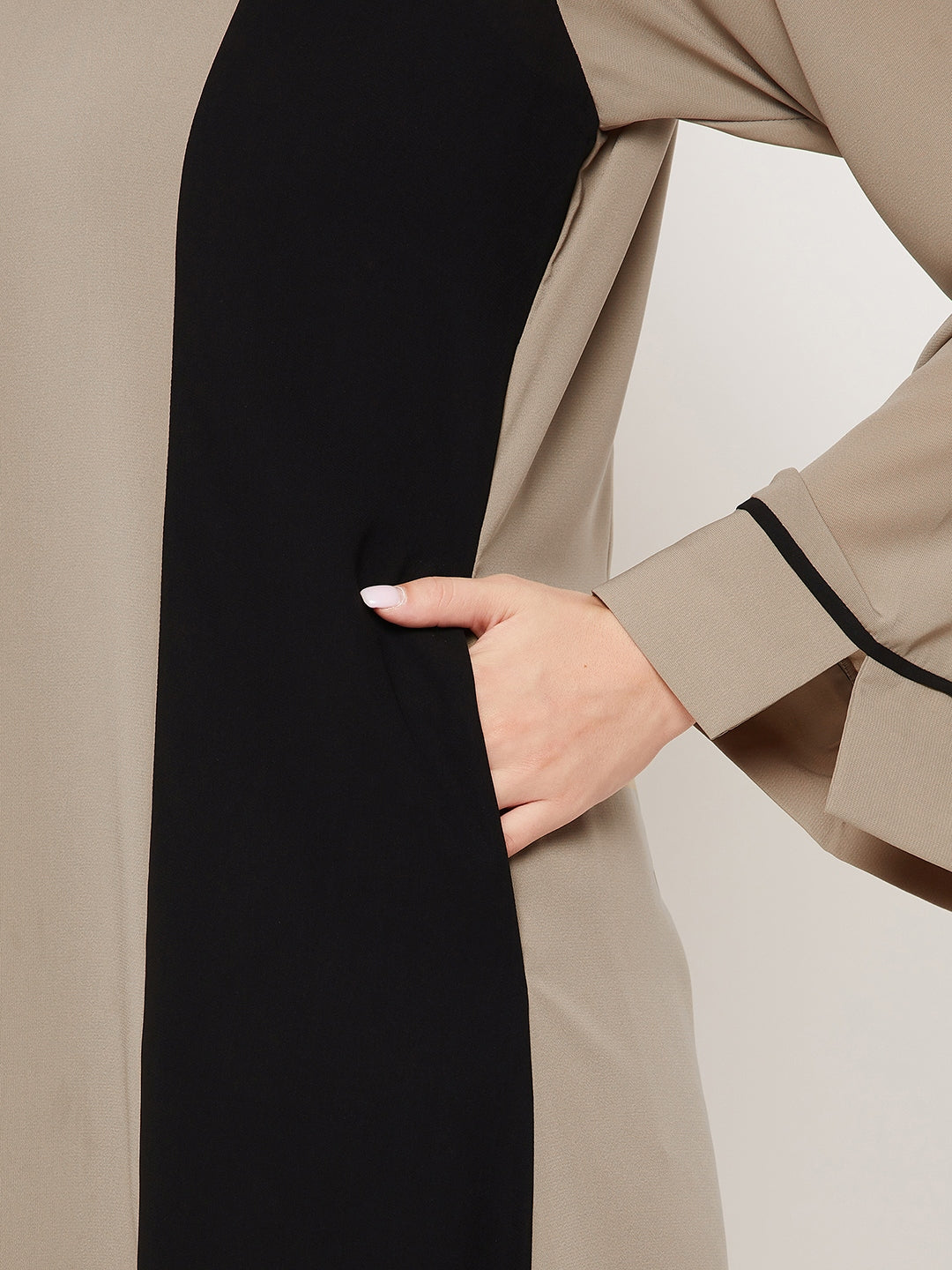 Nabia Beige & Black Nida Matte Fabric Abaya For Women With Georgette Scarf