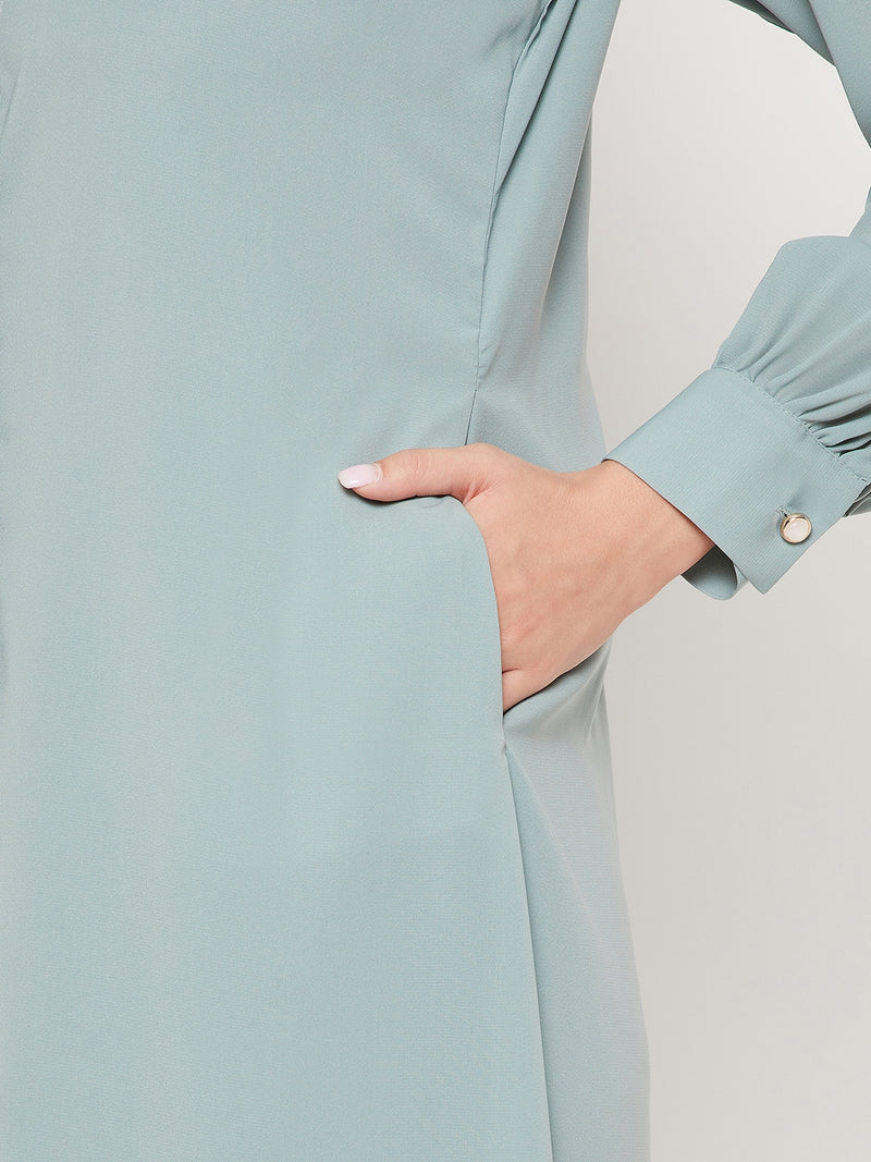 Nabia Sea Green Nida Mate Fabric Front Open Abaya With Georgette Scarf