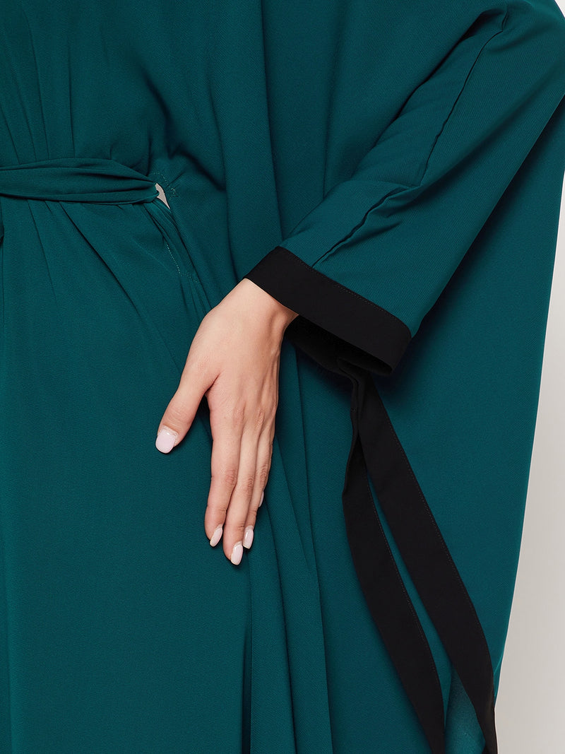 Nabia Bottle Green Nida Matte Full Length Kaftan Abaya With Georgette Scarf