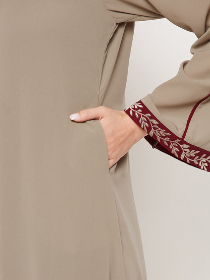 Nabia Beige Front Open Embroidery Work Women Abaya with Georgette Scarf