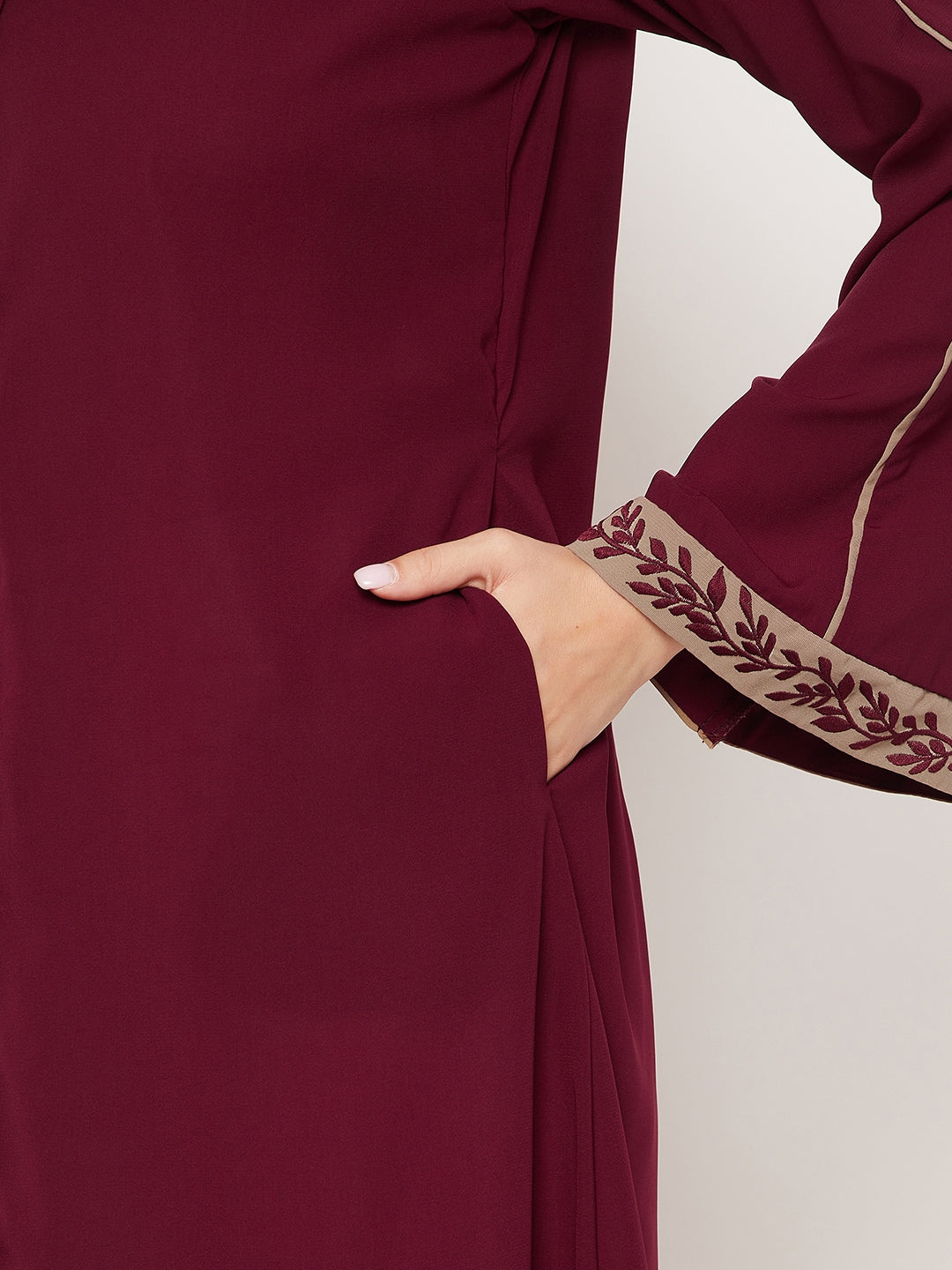 Nabia Maroon Front Open Embroidery Work Women Abaya with Georgette Scarf