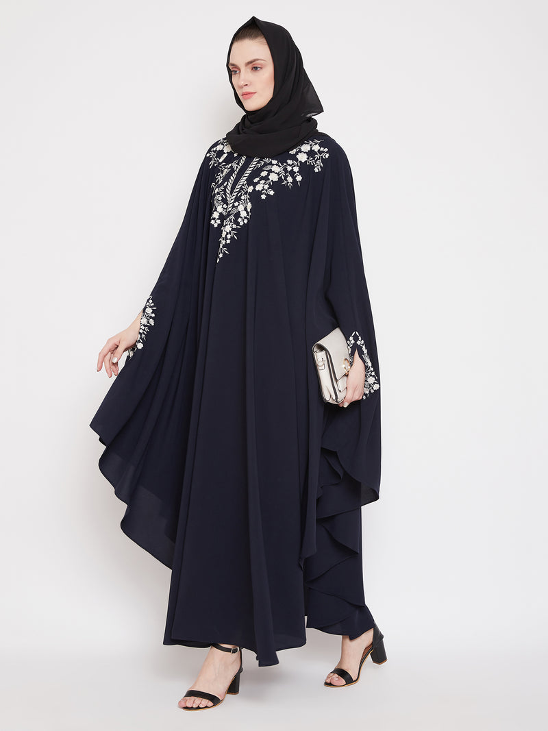 Nabia Women Blue Irani Kaftan Abaya Enhanced With Chikan Hand Embroidered With Georgette Scarf