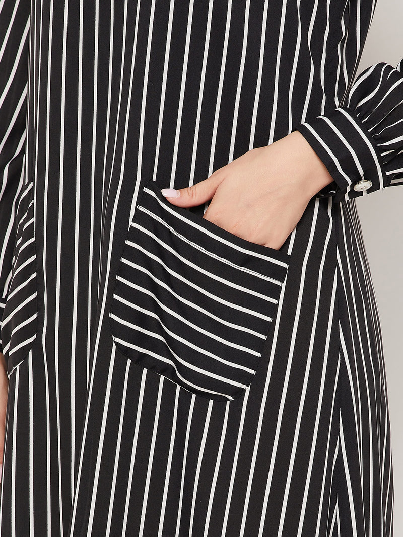 Nabia Black Striped Crape Women Abaya With Georgette Scarf