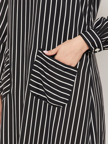 Nabia Black Striped Crepe Women Abaya With Georgette Scarf