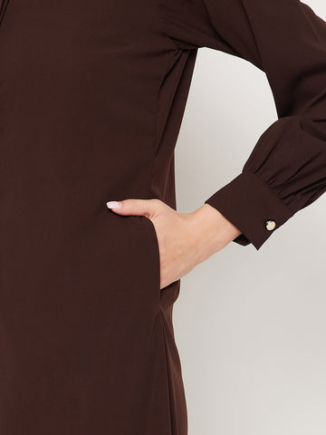 Nabia Brown Nida Mate Fabric Front Open Abaya With Georgette Scarf
