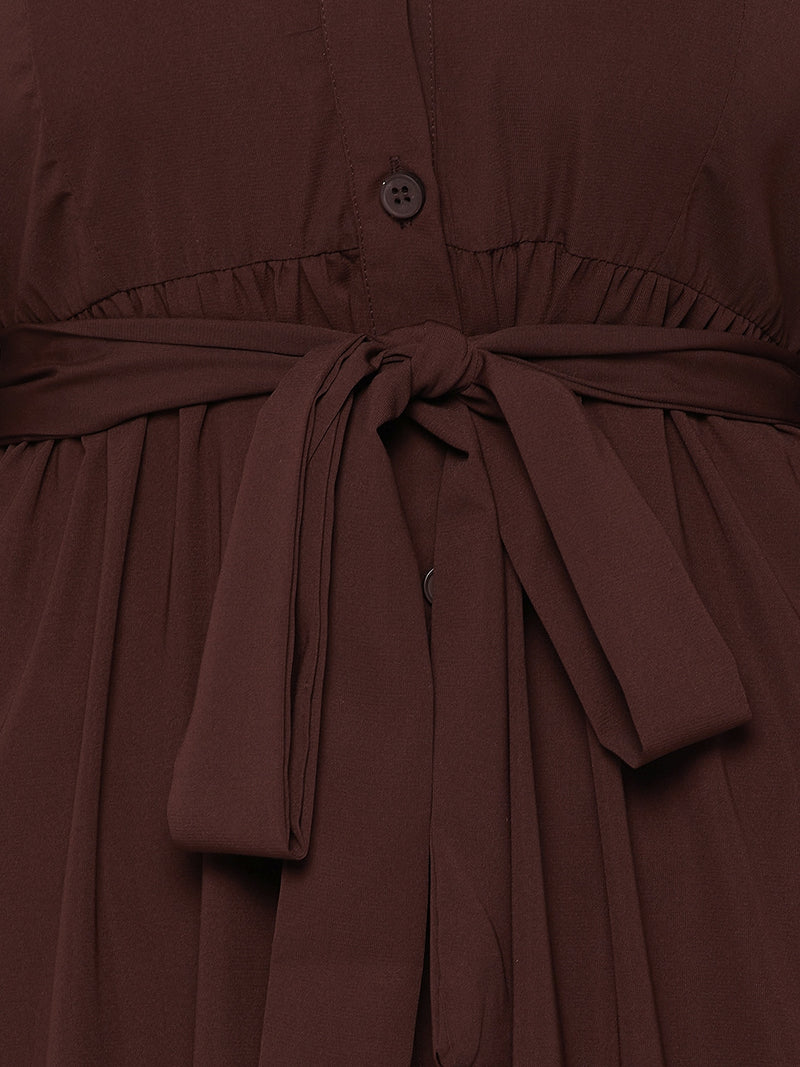 Nabia Brown Frilled Nida Matte Fabric Women Abaya With Georgette Scarf