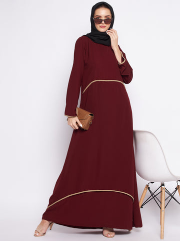 Nabia Maroon Nida Matte Fabric Piping Design Double Layer Abaya For Women With Georgette Scarf