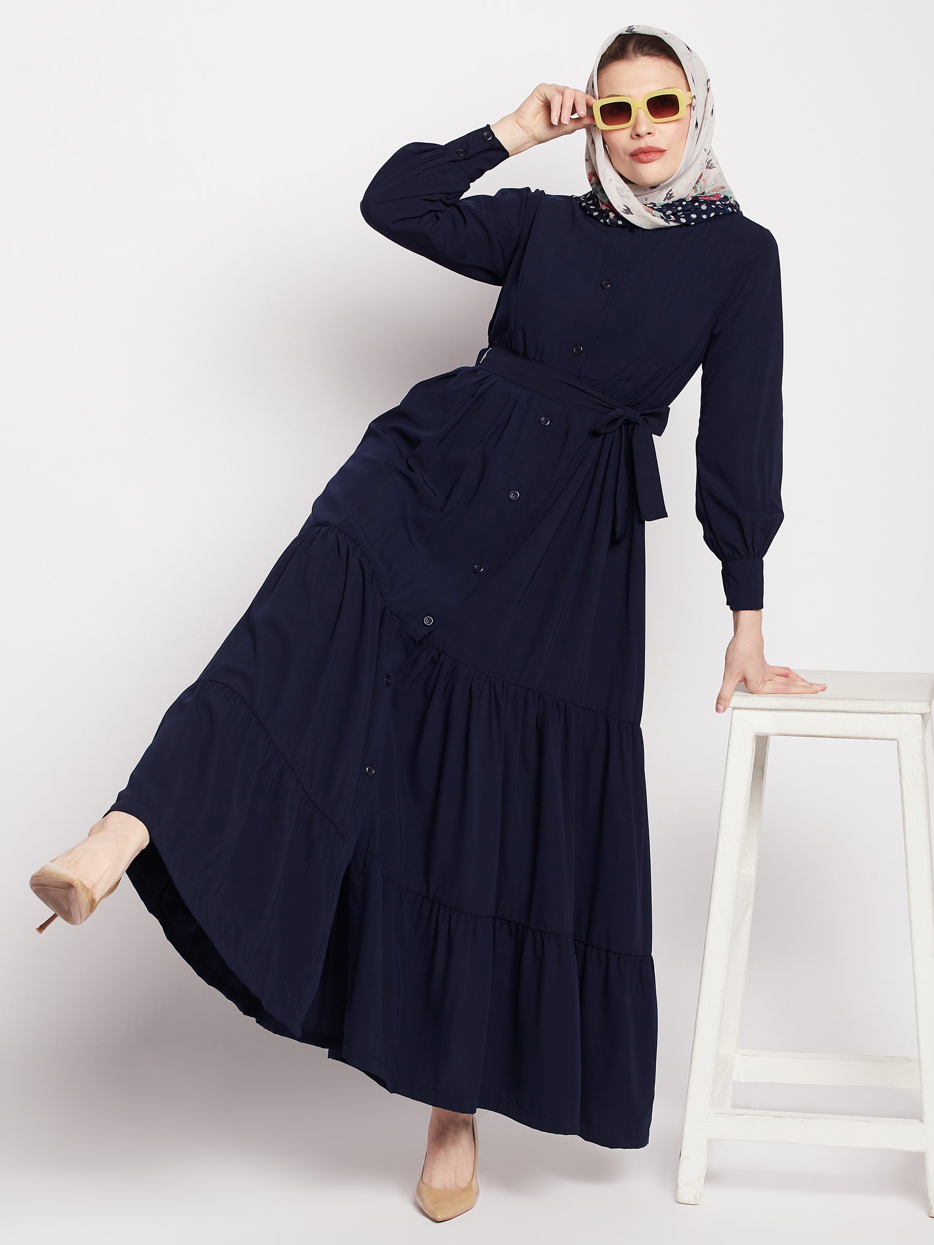 Nabia Women Blue Solid Frilled Nida Matte Fabric Abaya Burqa With Black Georgette Scarf