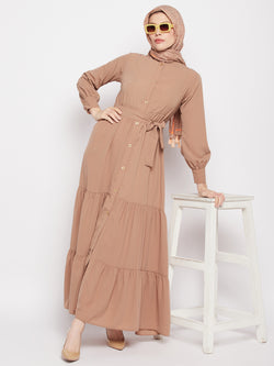 Nabia Women Beige Solid Frilled Nida Matte Fabric Abaya Burqa With Black Georgette Scarf