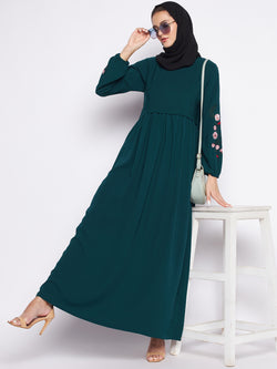 Nabia Bottle Green Nida Matte Fabric Embroidery Abaya For Women With Georgette Scarf
