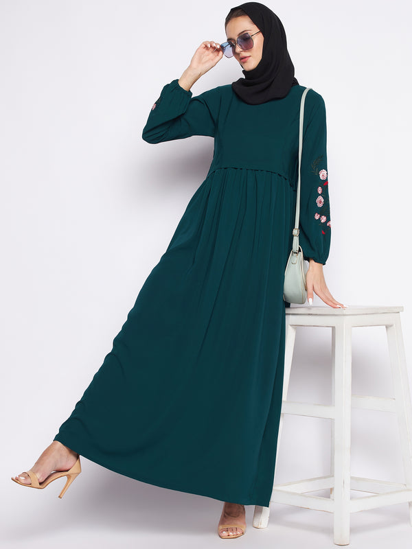 Nabia Bottle Green Nida Matte Fabric Embroidery Abaya For Women With Georgette Scarf