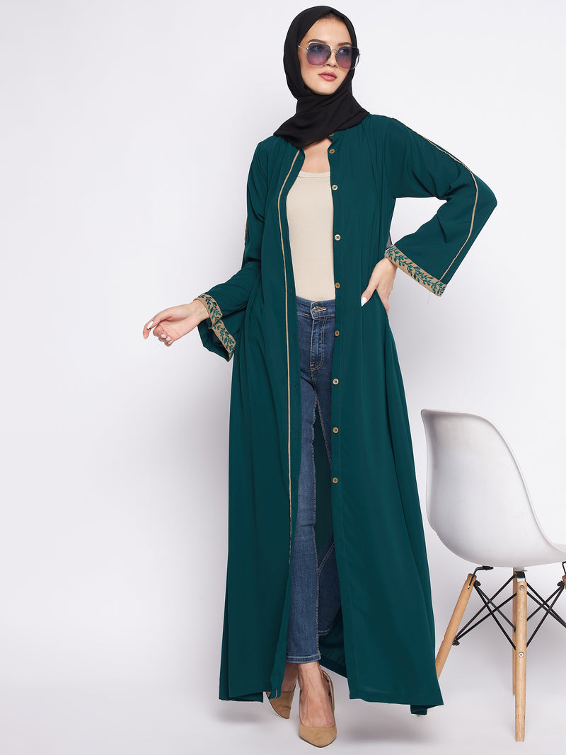 Nabia Bottle Green Nida Matte Fabric Front Open Abaya For Women With Georgette Scarf