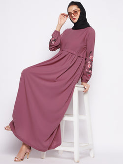 Nabia Puce Pink Nida Matte Fabric Embroidery Abaya For Women With Georgette Scarf